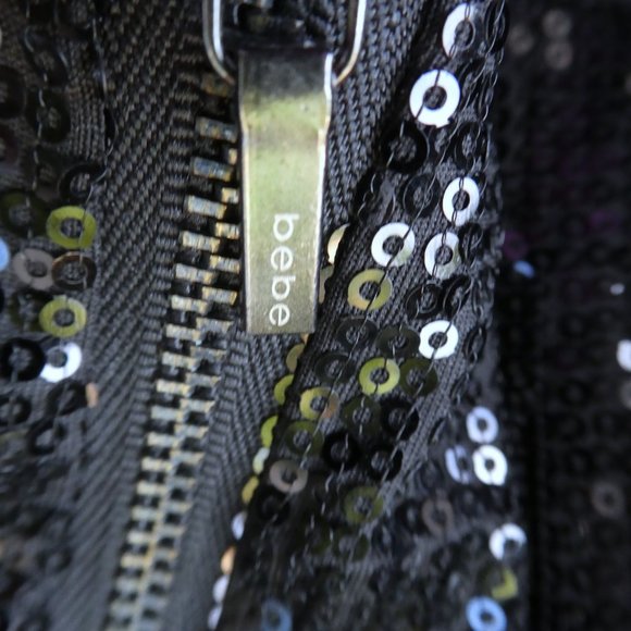 Bebe Sequin Bustier Top Black Underwire Boning Pleated Peplum Full Zip Back L - Picture 6 of 8